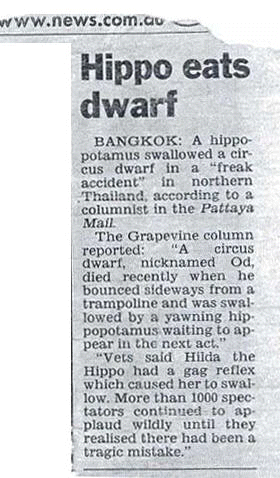 Newspaper article about dwarf falling off trampoline into hippo's mouth